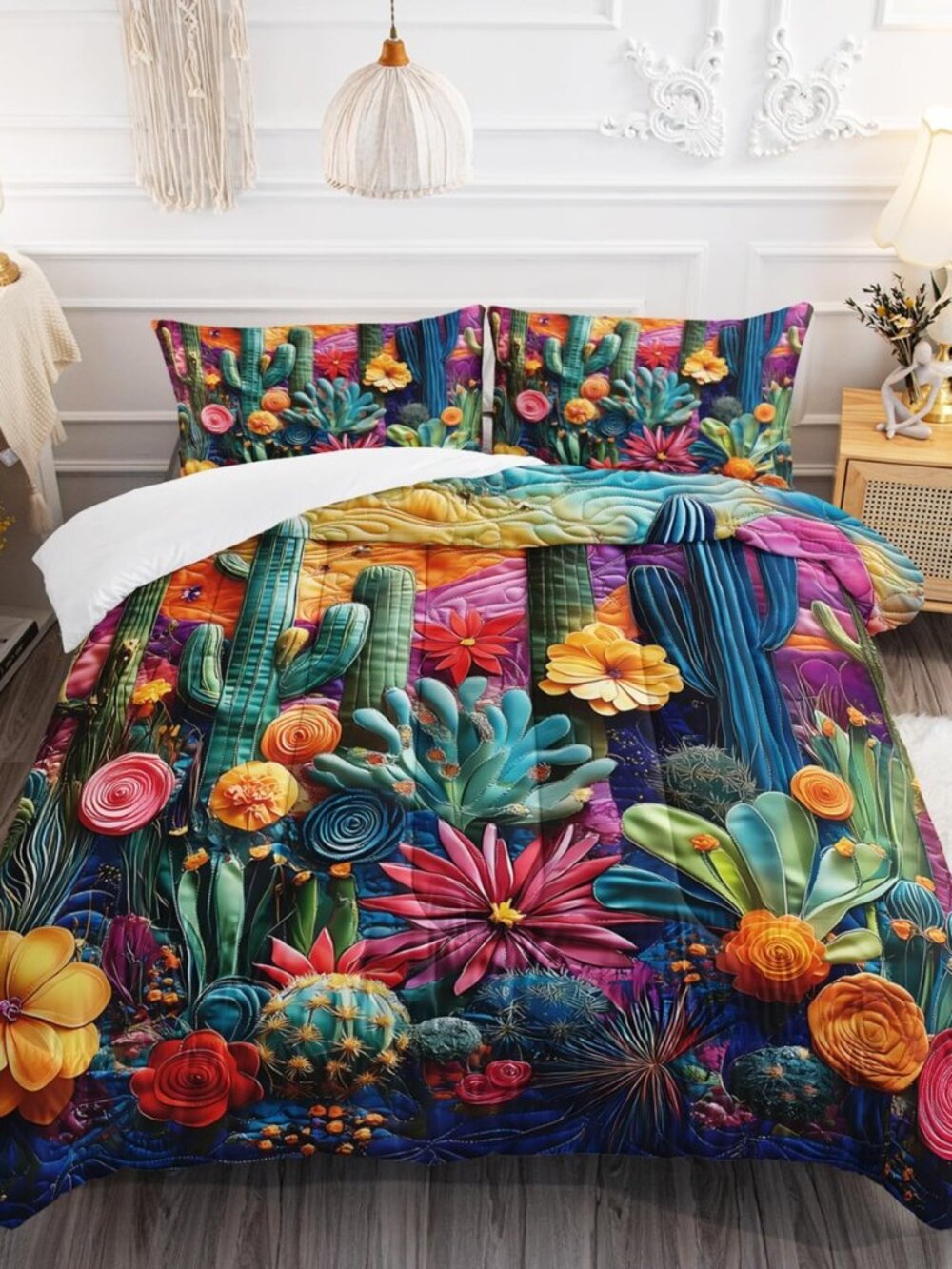 Western Cactus Queen Size Bedding Set,Colorful Mountains Cactus Forest Duvet